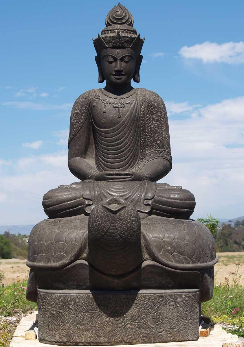 Large Stone Buddha Statue Meditating on Turtle 78" (69ls66) Hindu Gods & Buddha Statues
